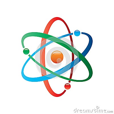 Colorful Atom vector icon. Symbol of science, education, nuclear physics, scientific research. Three electrons rotate in orbits ar Vector Illustration