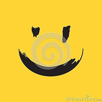 Hand drawing smiling emoticon. Happy face. Emoji of positive feelings. Brush painted emotion icon on yellow background Vector Illustration