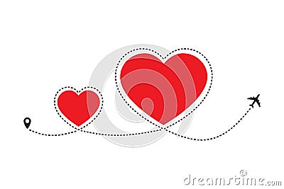 Airplane red heart dotted line path of flight route with start point and dash line trace. Vector illustration for banner, t-shirt Vector Illustration