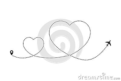 Airplane heart dotted line path of air plane flight route with start point and dash line trace Vector Illustration