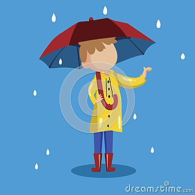 A girl in yellow raincoat. Woman wears a raincoat holding an umbrella. Rainy season. Rainy day. Vector Illustration