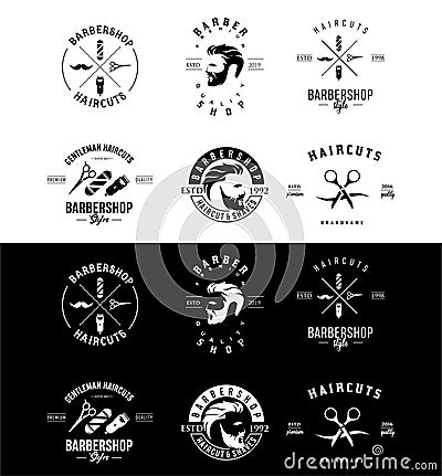 Set Of Barbershop Logo Design Vintage silhouette Vector Stock on the white background . haircut Logo Vintage Hispter badge . Vector Illustration