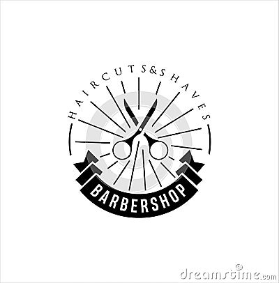 Barbershop Logo Design silhouette Vector Stock on the white background . haircut Logo Vintage Hispter badge . Stock Photo