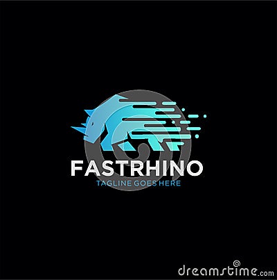 Rhino Tech Logo Design Illustration . Fast Rhino Logo Template . Blue Rhino Logo Stock Vector . Rhinoceros Digital Logo Design Vector Illustration