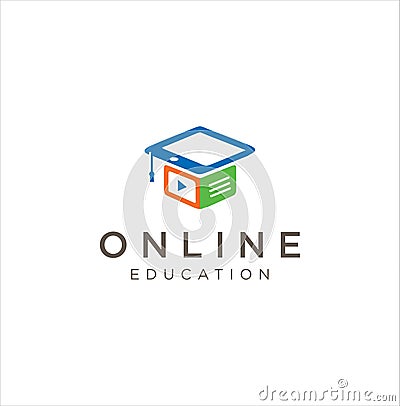 Media Education Logo . Digital school book online education logo and graduation hat. E-book or e-reader soft icon. On-line educati Vector Illustration