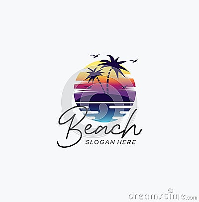 Beach island landscape logo . Beach logo design Vector . Beach Logo Outdoor Summer Travel Sun Stock Vector . Summer landscape palm Stock Photo