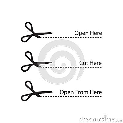 Scissors paper cut or open here line symbol set Vector Illustration