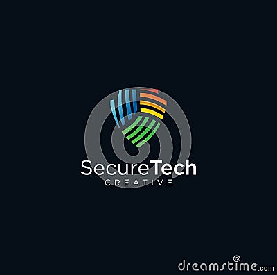 Creative Abstract Colorful Shield Tech Logo Line Design Illustration . Security Tech Logo . Secure Tech Logo Template Stock Photo