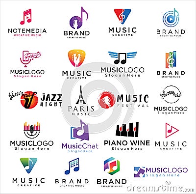 Big set of logo music and sound Design Vector Stock . Collection of music logos, Audio logo template Stock Photo