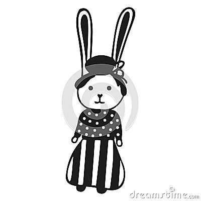 Cute black and white bunny in hand-drawn clothes. Rabbit girl in scandinavian style. Happy easter! Cute kid character. Isolated ha Vector Illustration