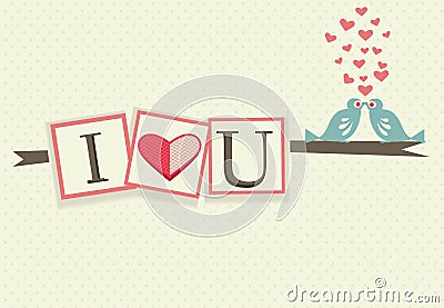 Vintage I Love You text with cute bird couple, hearts greeting card dot pattern background for Valentines day, wedding,dating Vector Illustration