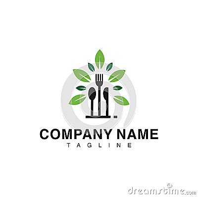 Leaf Cutlery Logo Design Template . Healthy Food logo vector . Restaurant Logo Design . Stock Photo