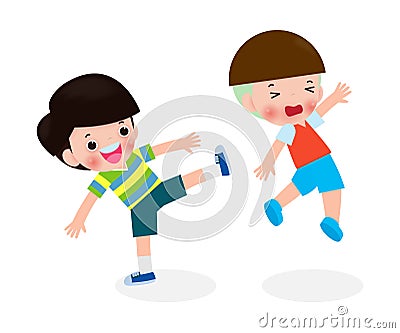 Bad boy, children fighting each other kicking, kids bully friend bad behavior, Bullying children cartoon characters vector Vector Illustration