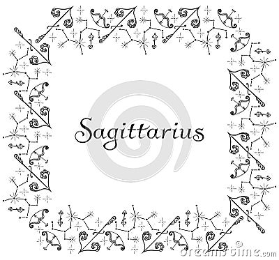 Black and white square banner for the zodiac sign Sagittarius. Monochrome border of hand-drawn decorative bows with arrows, emblem Vector Illustration