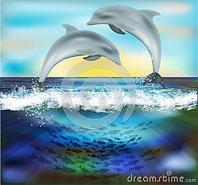 Underwater nature background with dolphins Vector Illustration