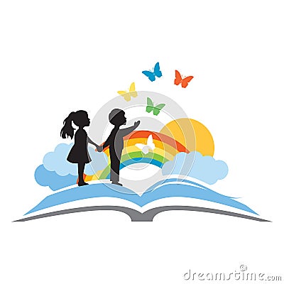 Open book, kids and beautiful rainbow Vector Illustration