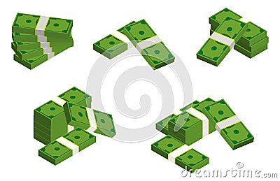 Set of bunches stacks dollar in flat style or coin dollar in different style or finance currency concept in doodle Vector Illustration
