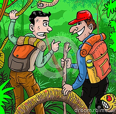 Cartoon two young boys walking in the jungle for camping Vector Illustration