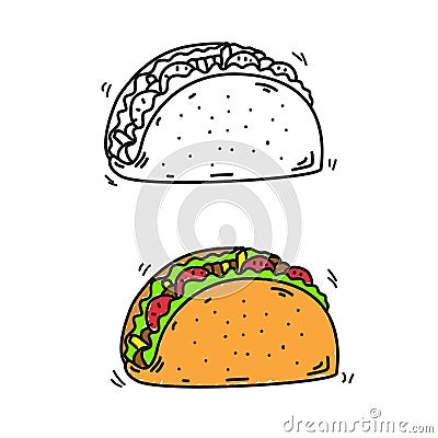 Taco doodle vector illustration in cute hand drawn style Cartoon Illustration
