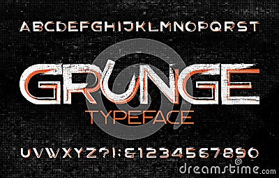 Grunge alphabet font. Muddy uppercase letters and numbers. Halftone background. Vector Illustration