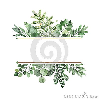 Watercolor Greenery frame invitation with leaves,fern,branches,berry Stock Photo