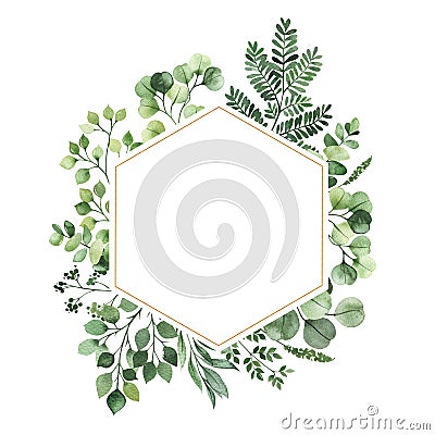 Watercolor Greenery frame invitation with leaves,fern,branches,berry Stock Photo