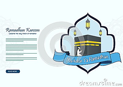Marhaban Ya Ramadhan with muslim man praying and Hajj Kaaba background Stock Photo