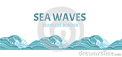 Sea waves seamless pattern, border. Vector illustration of blue ocean water Vector Illustration