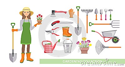 Gardening Set. Vector cartoon flat illustration of garden tool and woman gardener isolated on white background. Vector Illustration