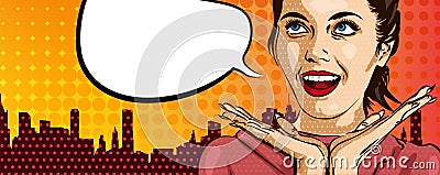 Suprised smiling girl on the urban background. Vector Illustration