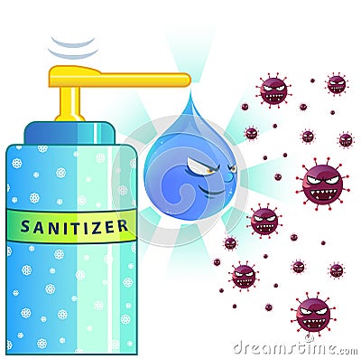 Sanitizer with Drop of water character protects from virus cartoon art Vector Illustration