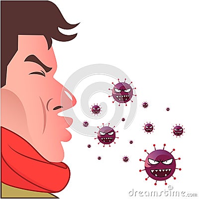 Cartoon of an adult cough sneeze expression and virus drawing Vector Illustration