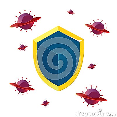 Blue shield with golden edge icon and virus cartoon Vector Illustration