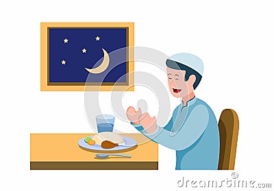 Man pray before meal to breaking the fast, muslim activity eating for fasting in ramadan season. cartoon flat illustration vector Vector Illustration