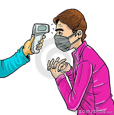 Medical staff use thermometer to check man for protect corona virus. Vector Illustration