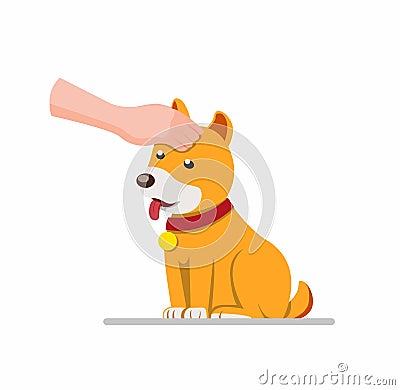 Human hand touch puppy, petting dog in cartoon flat illustration vector Vector Illustration