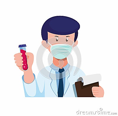 Doctor research in blood sample patient in test tube. finding a cure for disease outbreak in cartoon flat illustration vector isol Vector Illustration