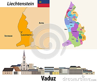 Liechtenstein administrative divisions map. Flat style cityscape of Vaduz. Vector Vector Illustration