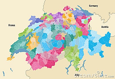 Switzerland vector map showing cantonal, districts and municipal boundaries Vector Illustration