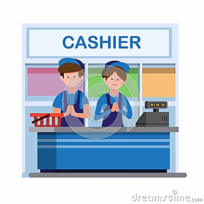 Man and woman in uniform working in cashier counter in convenience store or supermarket in cartoon flat illustration vector isolat Vector Illustration