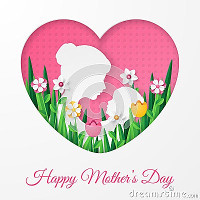 Happy mother`s day greeting card with flowers and grass papercut style. Vector Illustration