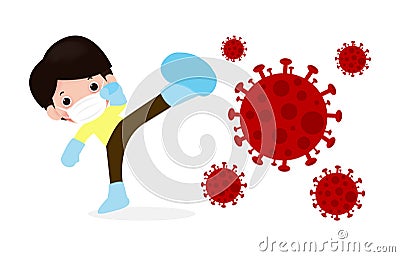 Cute kids fight with coronavirus 2019-nCoV, cartoon character children attack COVID-19 ,people and Protection Against Viruses Vector Illustration