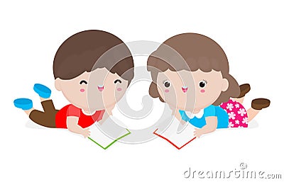 Cute kids reading book, boy and girl with books, Happy Children while Reading Books, education concept Vector Illustration Vector Illustration