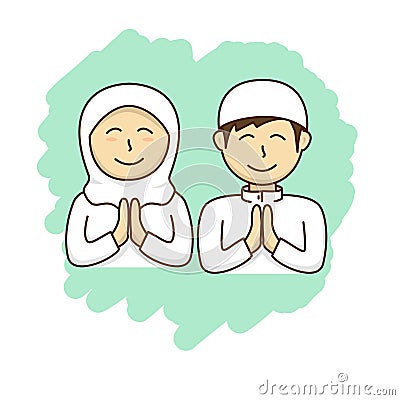 Male and female muslim couple in white dress Cartoon Illustration