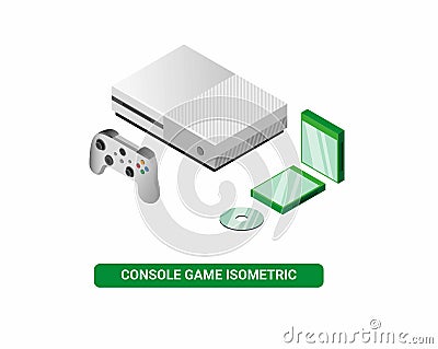 Game console device in white color with green cd case in isometric editable vector isolated in white background Vector Illustration