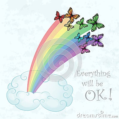 Rainbow with multicolored butterflies and clouds over pastel blue sky background Vector Illustration