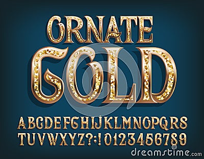 Ornate Gold alphabet font. Fancy golden letters and numbers. Vector Illustration