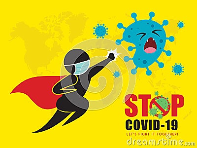 Covid-19 - superhero stick figure man in medical face mask attack coronavirus. Vector Illustration
