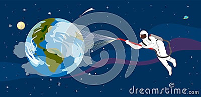 Space Man, Astronaut hanging in space spraying hygienic spray to clean the planet earth from Corona virus Vector Illustration