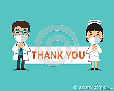 Cartoon male doctor and female nurse wearing protective masks with thank you sign Vector Illustration